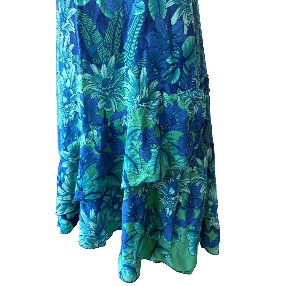 Rainbow Jo Dress Women’s Large Blue Green Tropical Floral Hawaiian Asymmetrical - Picture 5 of 6